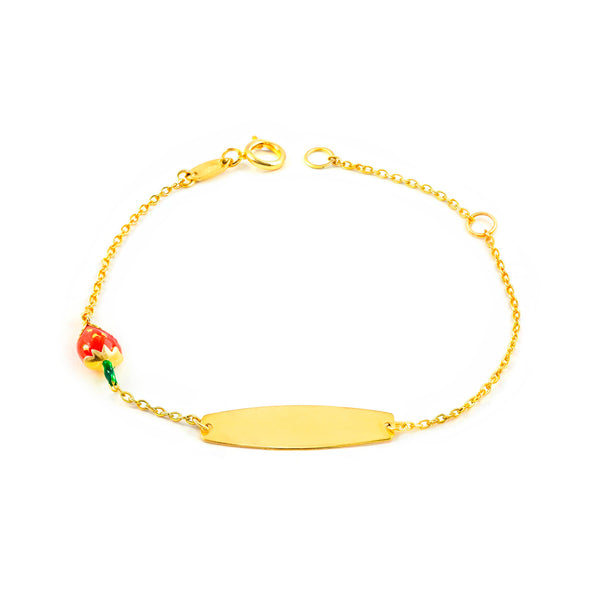 Bracelet Fille Enfant Or Jaune 9 Carats Émail Esclave Fraises Rouge-Vert Brillant 14 cm