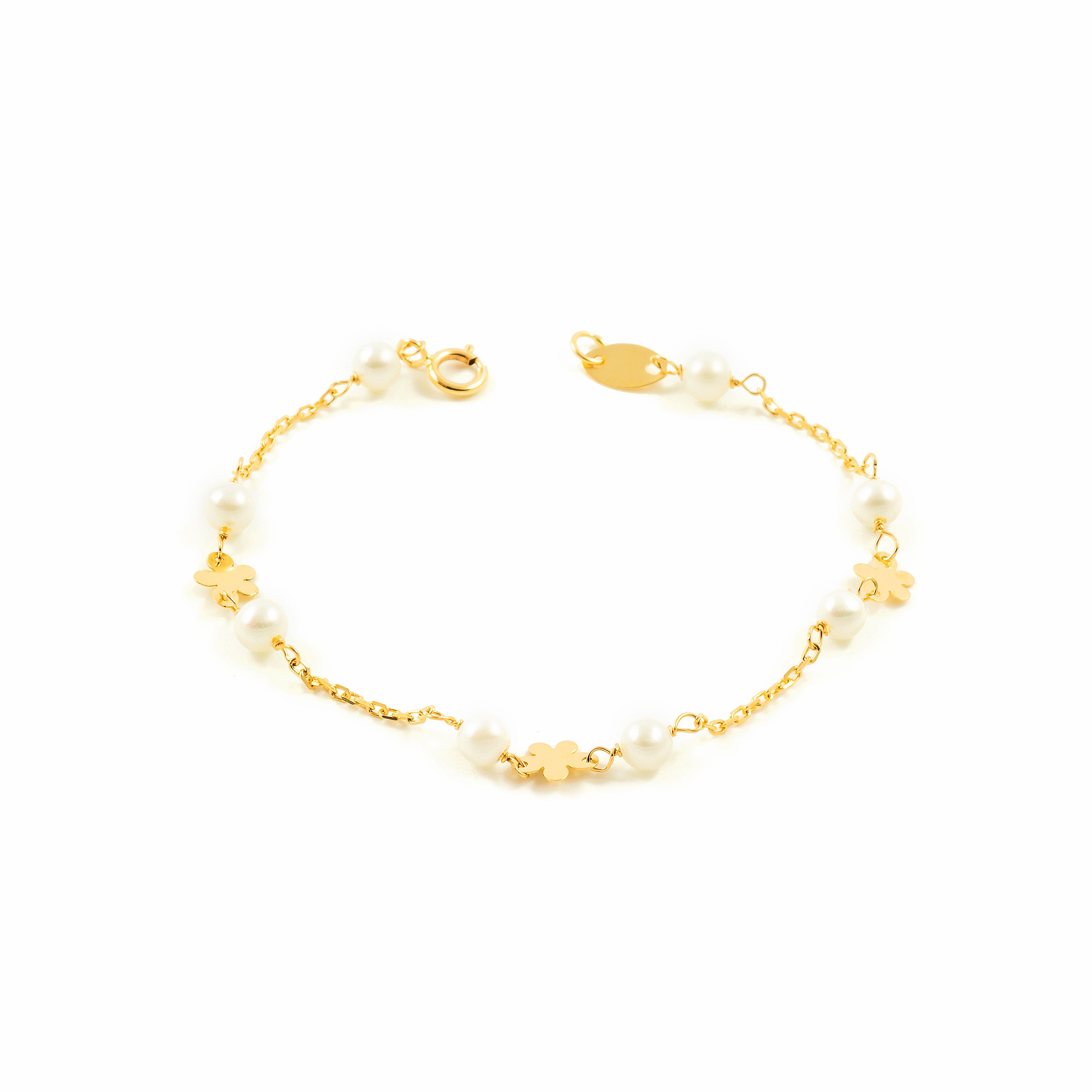 Bracelet Fille Enfant Or Jaune 18 Carats Perle Ronde 3,5 Mm Fleur Brillant 13 Cm - Certificat Garantie - Mondepetit