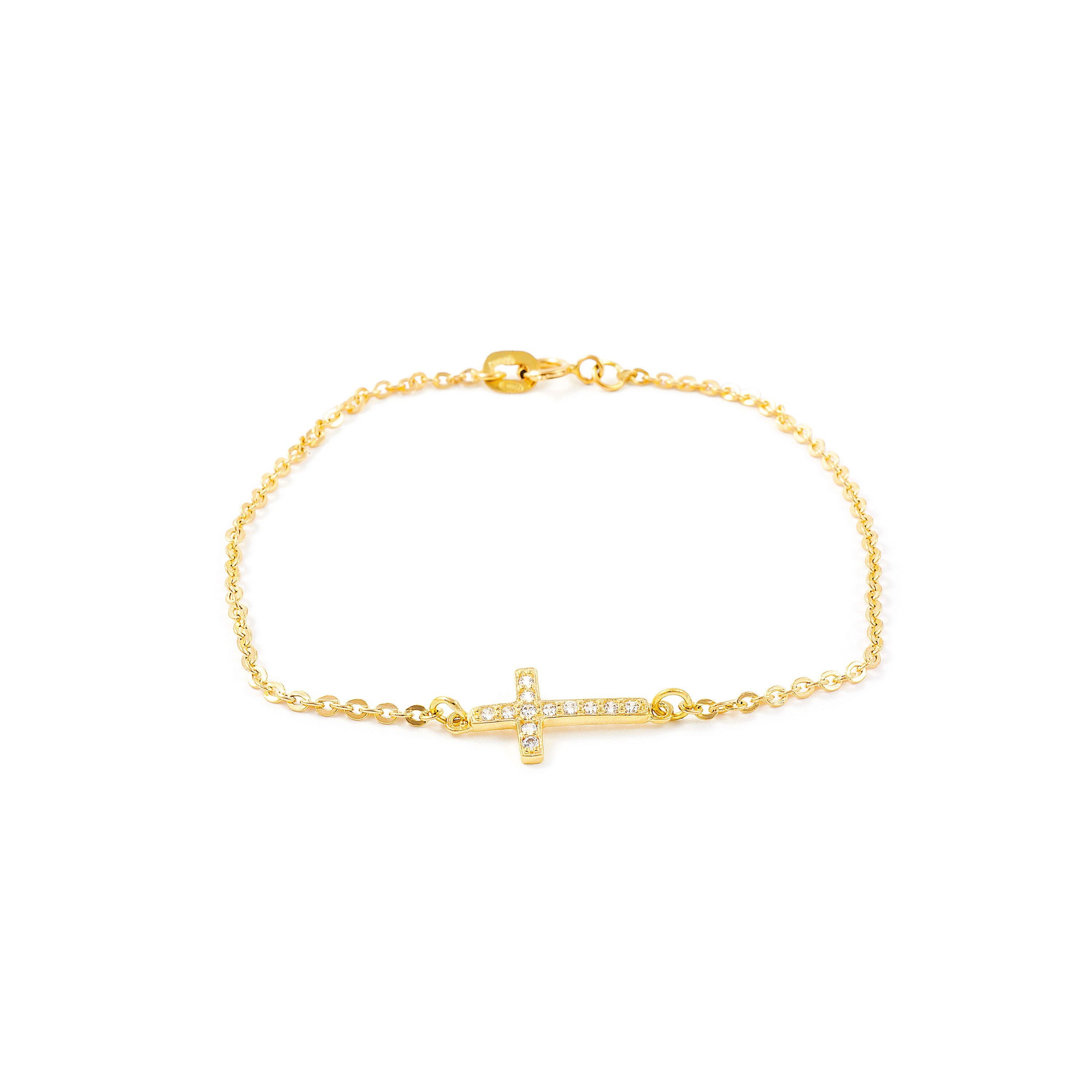 Bracelet Croix Horizontale En Or Jaune 18 Carats Mondepetit - Avec Circonite, 18 Cm