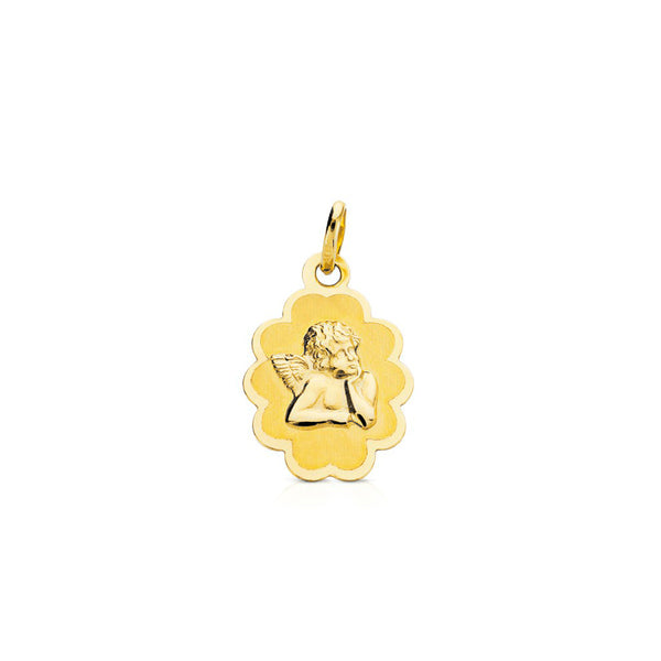 Medaille religieuse or jaune 18 carats personnalisee un motif ondule d'ange finition mate et brillante 17 x 12 mm