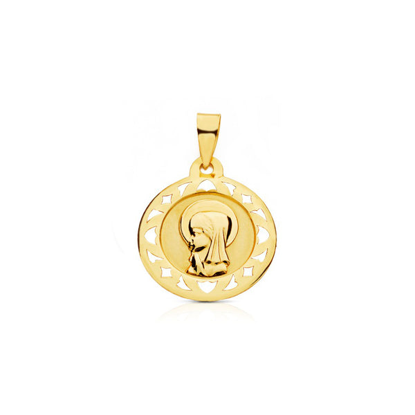 Medaille religieuse or jaune 9K personnalisee fille vierge Ronde Mat et Brillant 18 x 18 mm