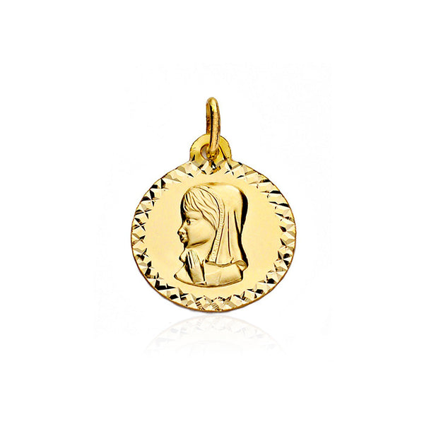 Medaille religieuse or jaune 9K personnalisee fille vierge Ronde Mat et Brillant 16 x 16 mm