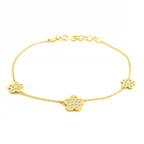 Bracelet Femme Enfant Or Jaune 9 Carats Charms Fleur Marguerites Zircone Brillant 18 cm