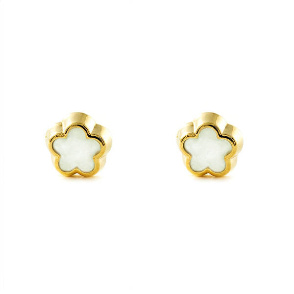 Boucles d'Oreilles Or Jaune 9 Carats Nacre Fleur Marguerite Brillant