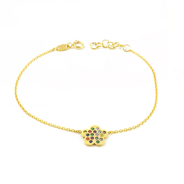 Bracelet Femme Or Jaune 9 Carats Fleur Marguerite Zirconite Couleur Brillant 17 cm