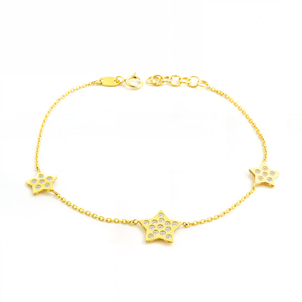 Bracelet Femme Enfant Or Jaune 9 Carats Charms Étoiles Zircone Brillant 18 cm