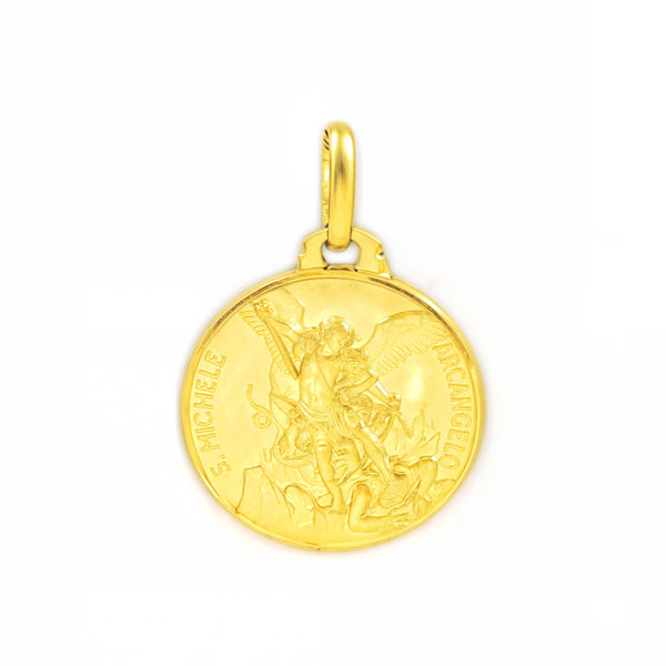 Médaille Fille Femme Or Jaune 9 Carats Ronde San Miguel 14 mm Mate et Brillant