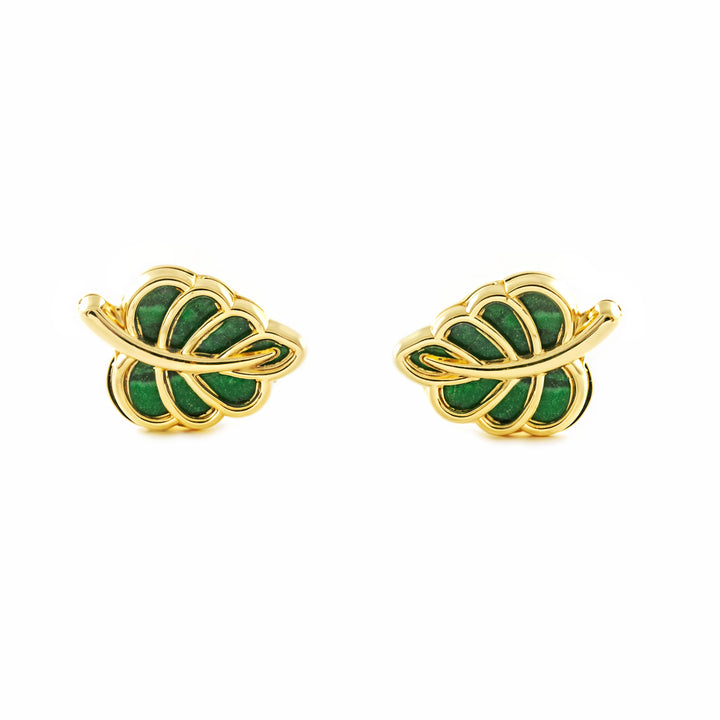 Pendientes oro Amarillo 9K Hoja Piedra Malaquita Verde Brillo
