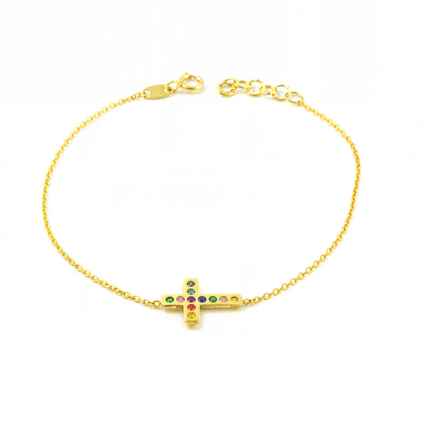 Bracelet Femme Or Jaune 9K Croix Horizontale Zirconia Couleur Brillant 17 cm