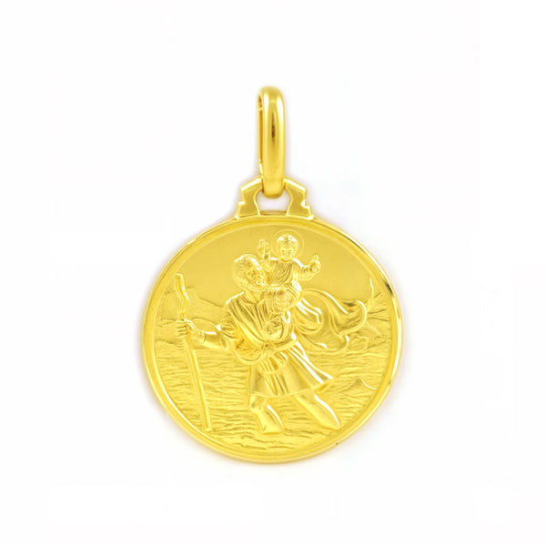 Médaille Fille Femme Or Jaune 18 Carats Ronde San Cristobal 16 mm Mate et Brillant