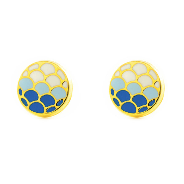 Boucles d'Oreilles Émail bleu Ronde Or Jaune 9 Carats