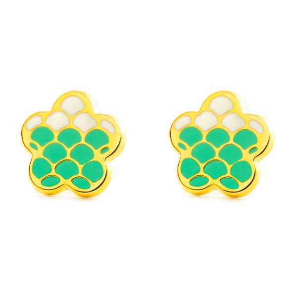 Boucles d'Oreilles Émail vert Fleur Or Jaune 9 Carats