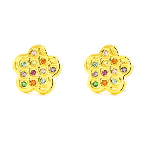 Boucles d'Oreilles Fleur Couleur Zircone Or Jaune 9 Carats