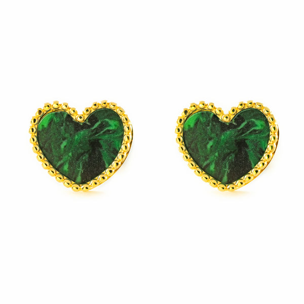 Pendientes Mujer oro Amarillo 9K Corazón Piedra Malaquita Verde Brillo y Textura