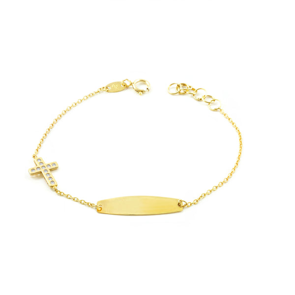 Bracelet Enfant Or Jaune 9K Personnalisé Esclave Croix Horizontale Zircon Brillant 14 cm