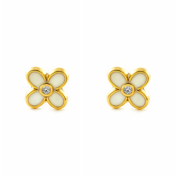 Boucles d'Oreilles Fille Enfant Trèfle Émail Blanc Brillant Or Jaune 9 Carats