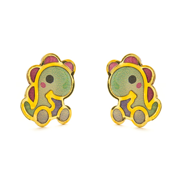 Boucles d'Oreilles Enfant Dinosaurie Émail Multicolore Or Jaune 9 Carats