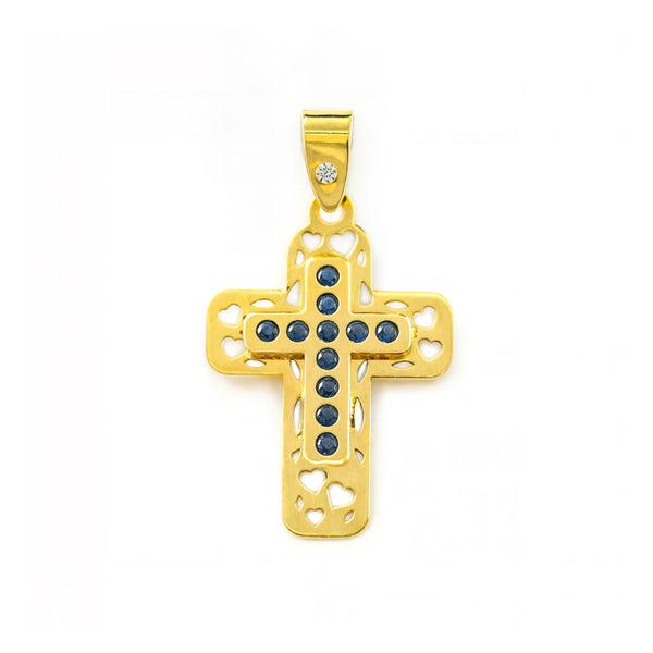 Croix Or Jaune 9 Carats Petite Rectangulaire Saphirs Précieux Synthétiques Brillance 16 x 11 mm