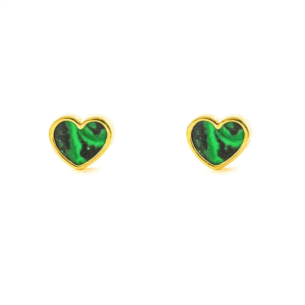 Boucles d'Oreilles Or Jaune 9 Carats Coeur Malachite Brillant