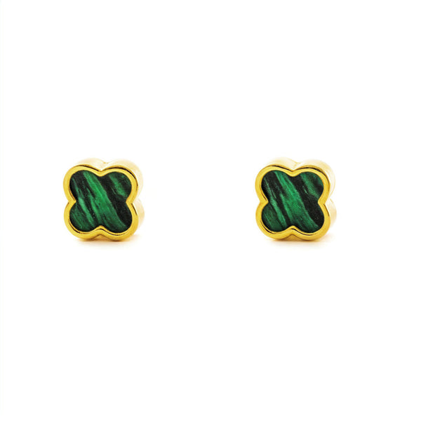Boucles d'Oreilles Or Jaune 9 Carats Quatrefeuille Malachite Brillant