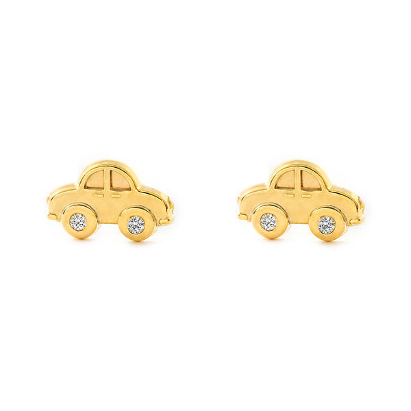 Boucles d'Oreilles Enfant Or Jaune 9 Carats Voiture Zircone Brillant