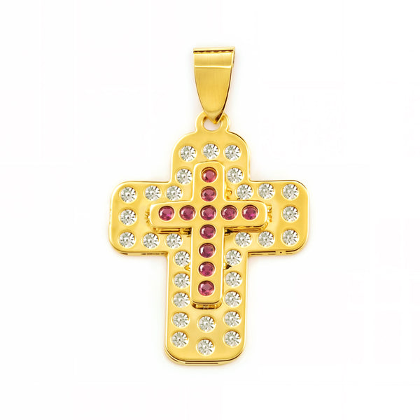 Croix Or Jaune 9 Carats Rectangulaire Rubis Précieux Synthétiques Brillance 23 x 17 mm