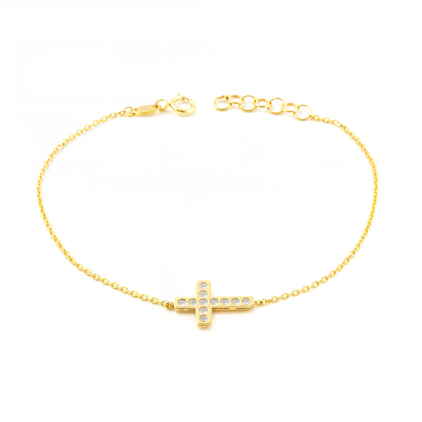 Bracelet Femme Or Jaune 9K Croix Horizontale Zirconia Brillant 17 cm