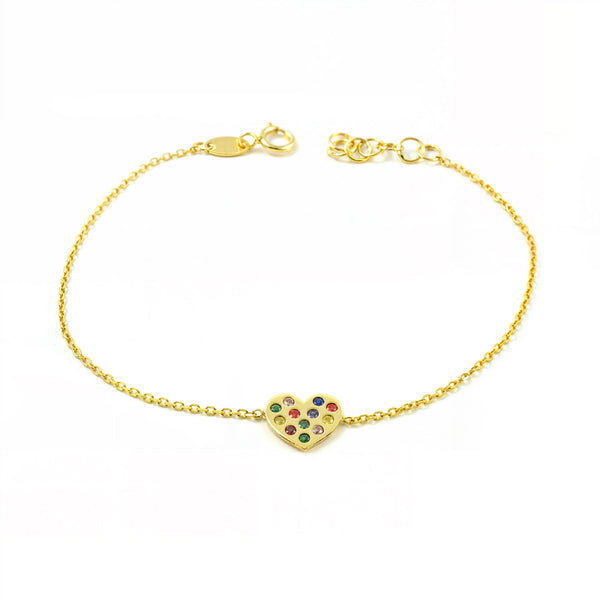 Bracelet Femme Or Jaune 9 Carats Coeur Zirconia Couleur Brillant 16 cm