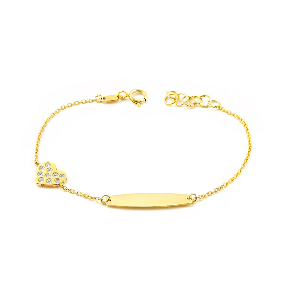 Bracelet Enfant Or Jaune 9K Personnalisé Esclave Cœur Zirconite Brillance 14 cm