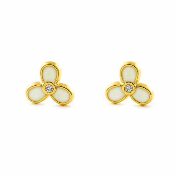 Boucles d'Oreilles Fille Enfant Trèfle Émail Blanc Brillant Or Jaune 9 Carats