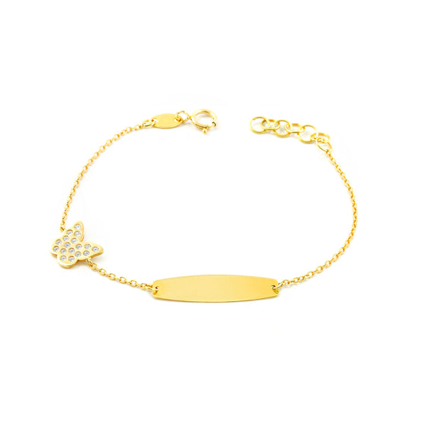 Bracelet Enfant Or Jaune 9K Personnalisé Esclave Papillon Zircone Brillant 14 cm