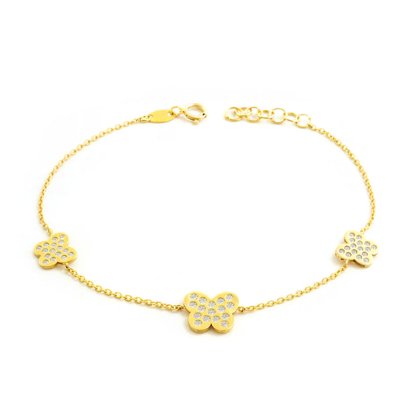 Bracelet Femme Enfant Or Jaune 9 Carats Charms Papillons Zircone Brillant 18 cm