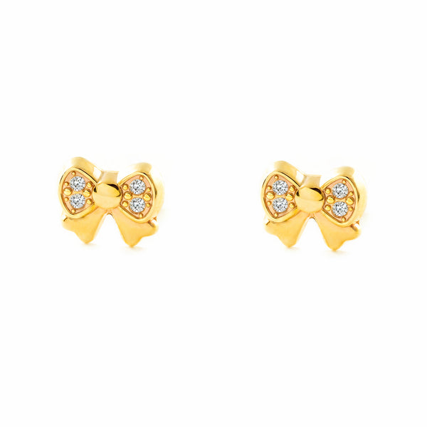 Boucles d'Oreilles Enfant Or Jaune 9 Carats Nœud Zircone Brillant