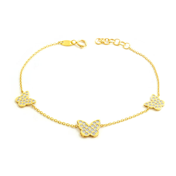 Bracelet Femme Enfant Or Jaune 9 Carats Charms Papillons Zircone Brillant 18 cm