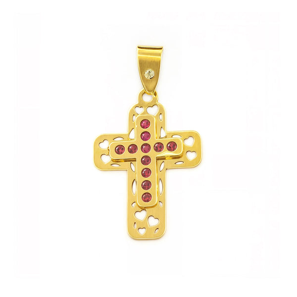 Croix Or Jaune 9 Carats Petite Rectangulaire Rubis Précieux Synthétique Brillant 16 x 11 mm