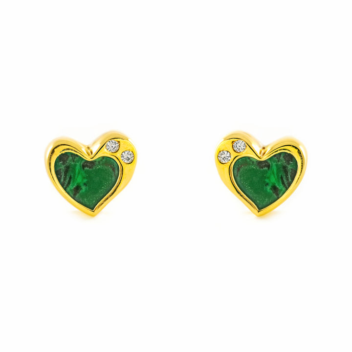 Pendientes Niña oro Amarillo 9K Corazón Piedra Malaquita Verde Brillo
