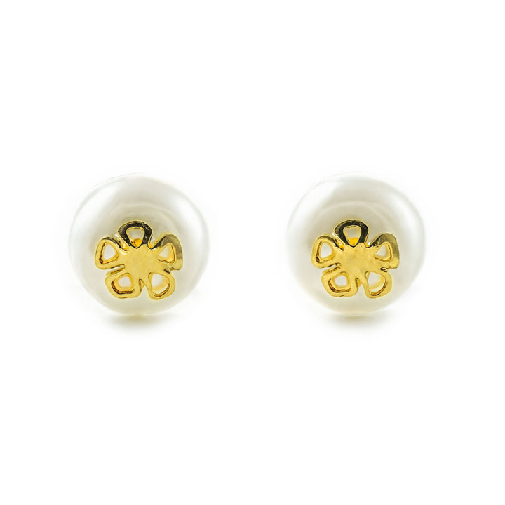 Pendientes Niña oro Amarillo 9K Flor Perla Natural Botón Brillo