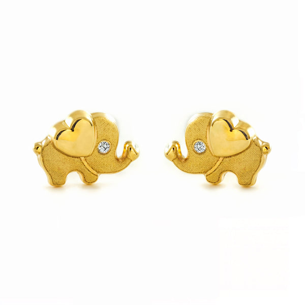 Pendientes Niña oro Amarillo 9K Elefante Piedra Circonita Mate y Brillo
