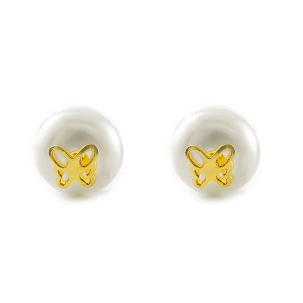 Pendientes Niña oro Amarillo 9K Mariposa Perla Natural Botón Brillo