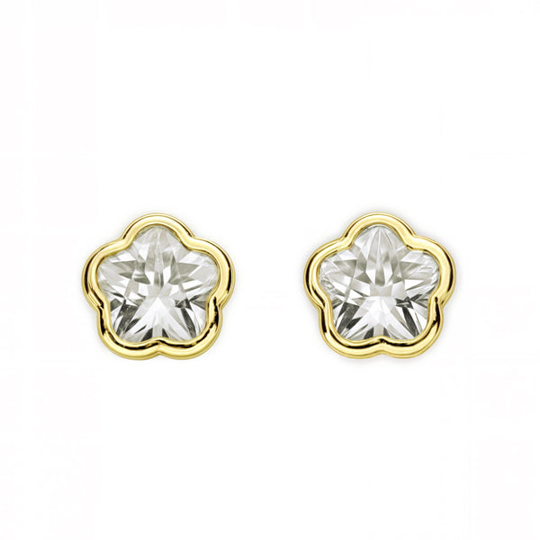 Boucles d'Oreilles Enfant Or Jaune 9 Carats Fleur Pierre Zircone Brillant
