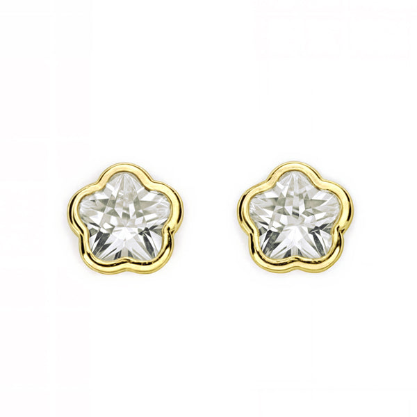 Boucles d'Oreilles Enfant Fleur Pierre Zircone Or Jaune 9 Carats
