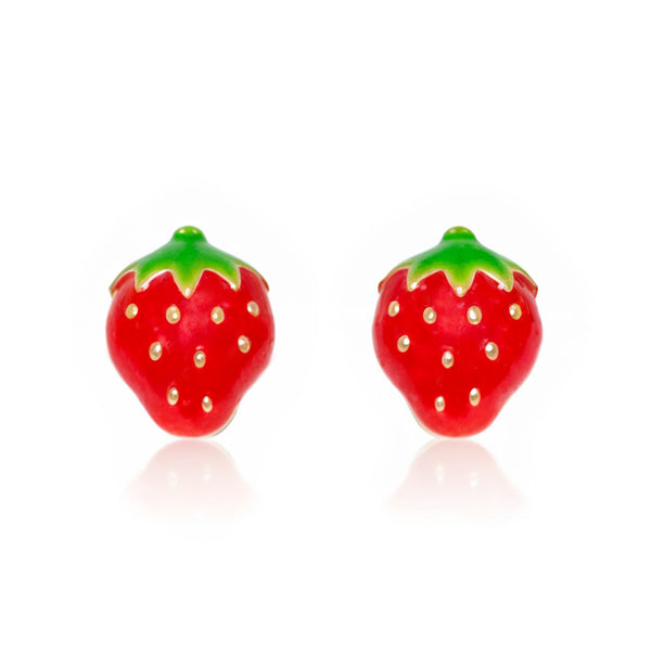 Boucles d'Oreilles Fille Enfant Émail rouge-vert Fraises Or Jaune 9 Carats