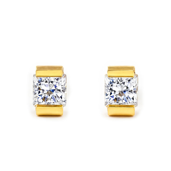 Boucles d'Oreilles Bebe Enfant Carre Zircone Or Jaune 18 Carats