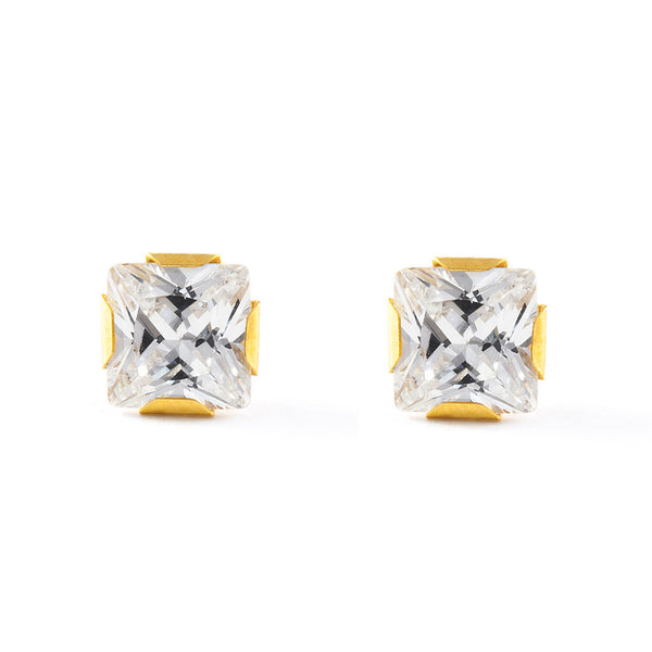 Boucles d'Oreilles Fille Enfant Carre Zircone Or Jaune 18 Carats