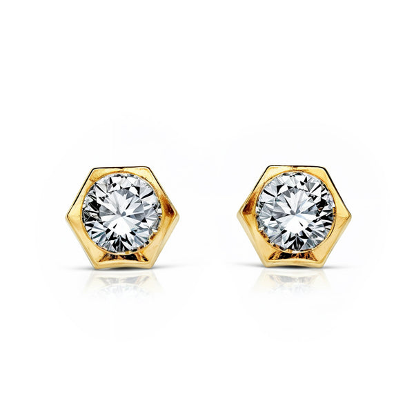 Boucles d'Oreilles Bebe Fille Enfant Hexagone Zircone Or Jaune 18 Carats