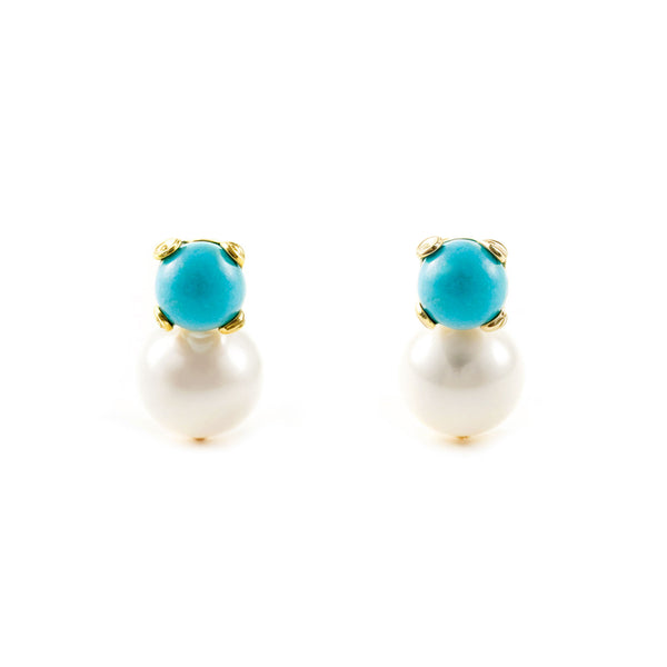 Boucles d'Oreilles Bebe Enfant Turquoise 2 mm Perle 3 mm Or Jaune 18 Carats