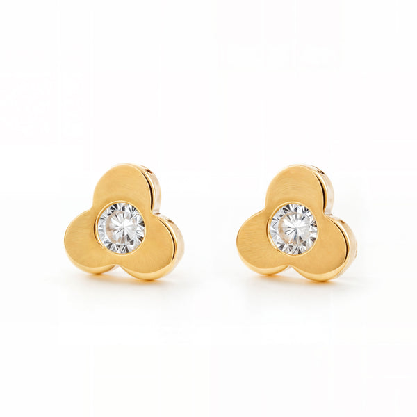 Boucles d'Oreilles Fille Enfant Trèfle Zircone Or Jaune 18 Carats