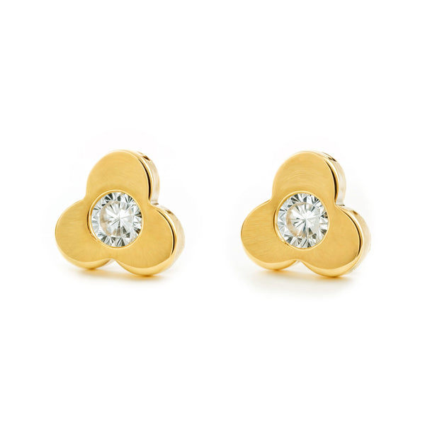 Boucles d'Oreilles Fille Enfant Trèfle Zircone Or Jaune 18 Carats
