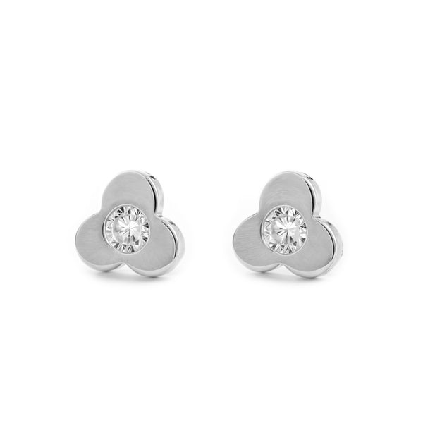 Boucles d'Oreilles Bebe Fille Enfant Trèfle Zircone Or Blanc 18 Carats