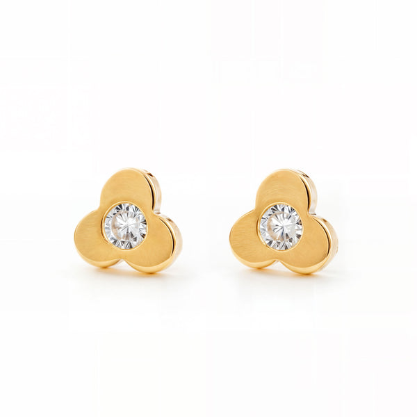 Boucles d'Oreilles Bebe Enfant Trèfle Zircone Or Jaune 18 Carats